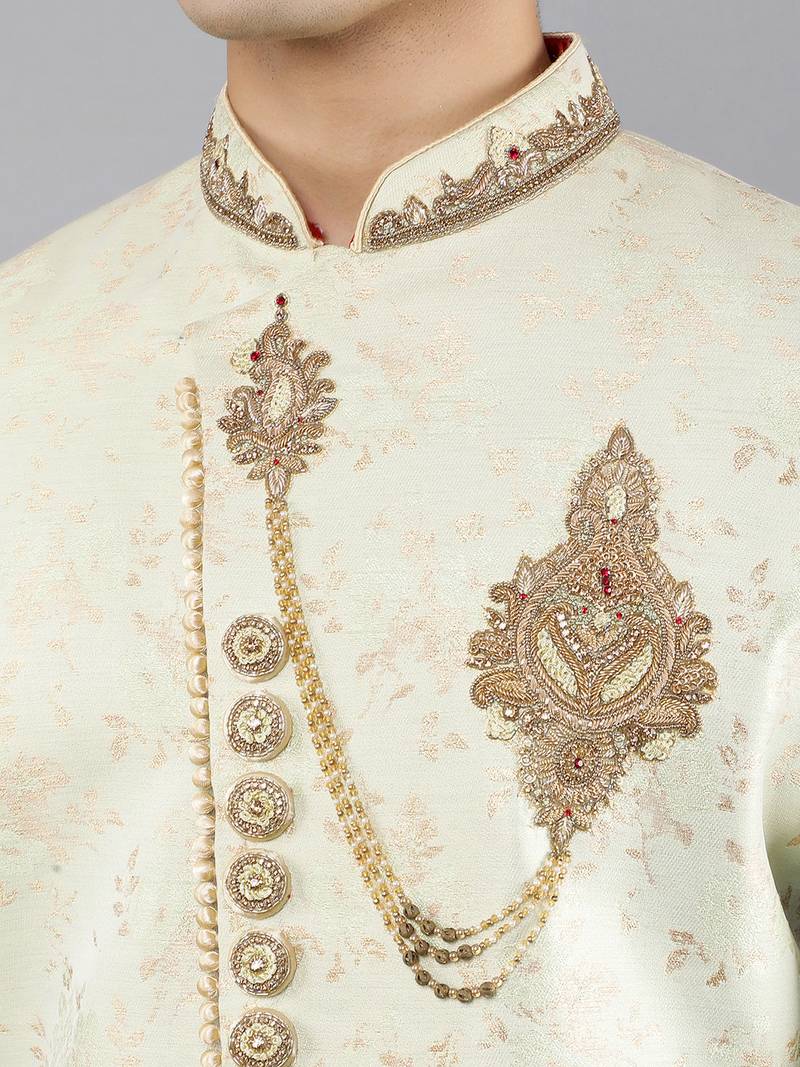 men's floral woven embroidery sherwani set