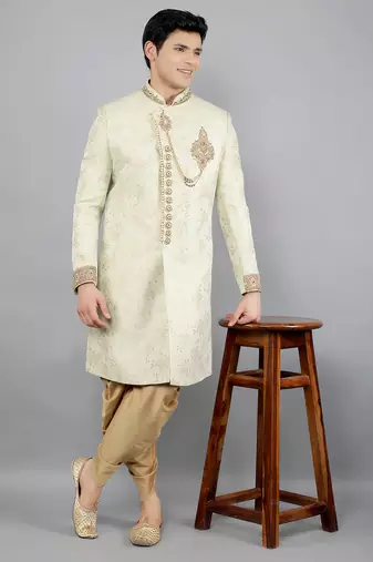 men's floral woven embroidery sherwani set