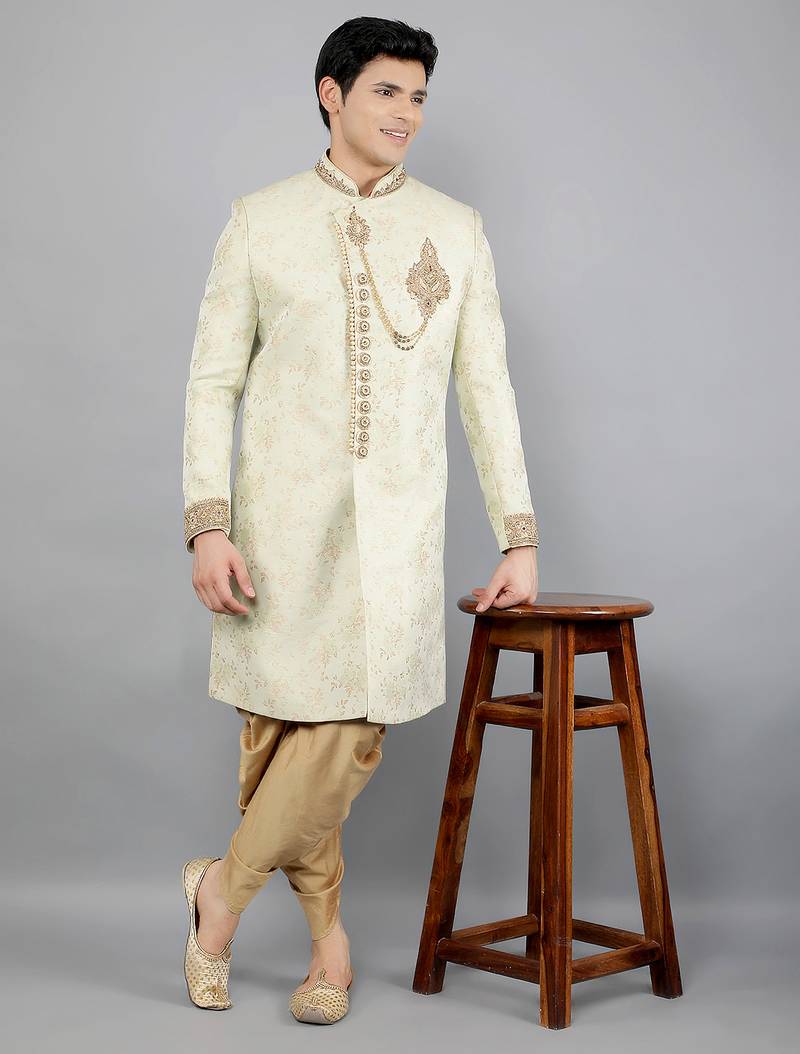 men's floral woven embroidery sherwani set
