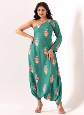 Teal cotton rayon floral printed one shoulder jumpsuit 1