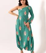 Teal cotton rayon floral printed one shoulder jumpsuit