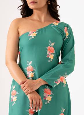 Teal cotton rayon floral printed one shoulder jumpsuit 2