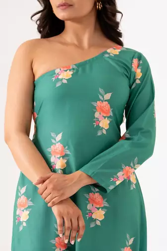 Teal cotton rayon floral printed one shoulder jumpsuit