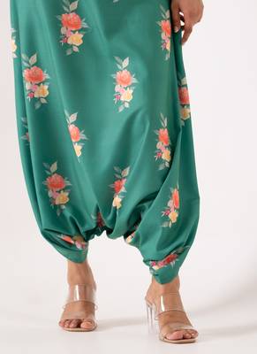 Teal cotton rayon floral printed one shoulder jumpsuit 3