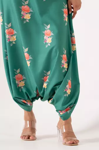 Teal cotton rayon floral printed one shoulder jumpsuit