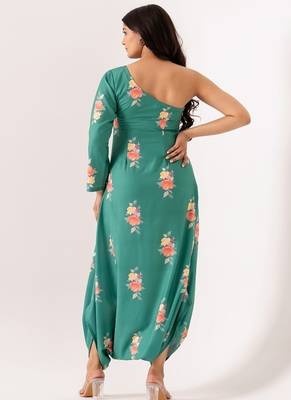 Teal cotton rayon floral printed one shoulder jumpsuit 4