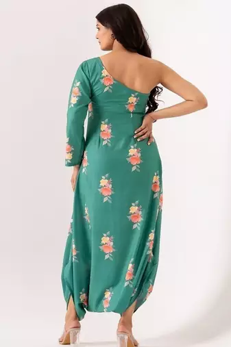 Teal cotton rayon floral printed one shoulder jumpsuit