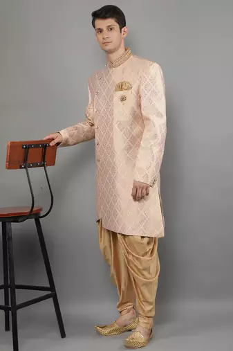 men's geomatric woven design sherwani set