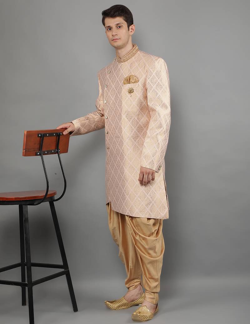 men's geomatric woven design sherwani set