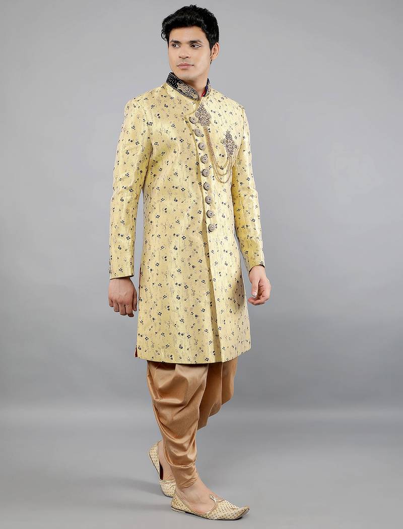men's floral woven design with embroidered sherwani set