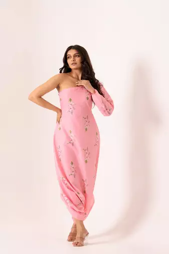Pink rayon cotton floral printed one shoulder jumpsuit