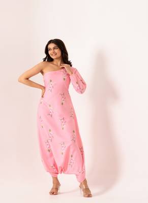 Pink rayon cotton floral printed one shoulder jumpsuit 1