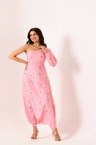 Pink rayon cotton floral printed one shoulder jumpsuit