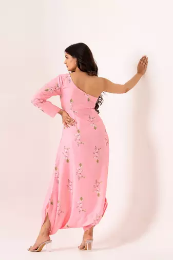 Pink rayon cotton floral printed one shoulder jumpsuit