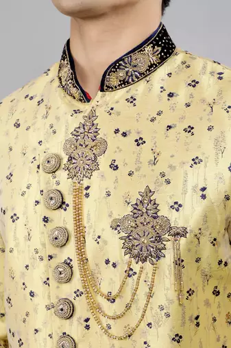 men's floral woven design with embroidered sherwani set
