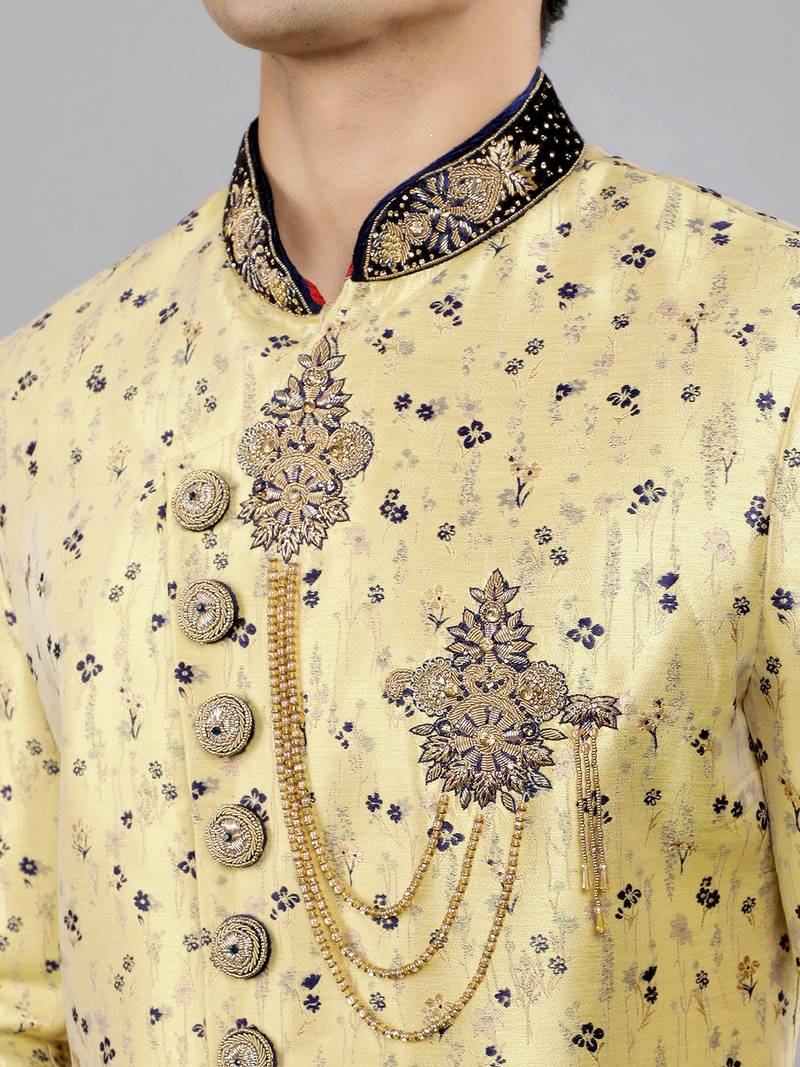 men's floral woven design with embroidered sherwani set