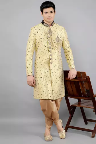 men's floral woven design with embroidered sherwani set