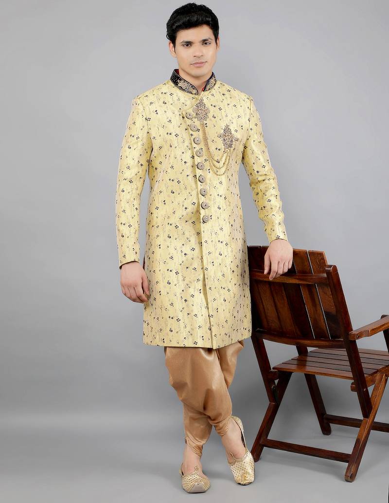 men's floral woven design with embroidered sherwani set