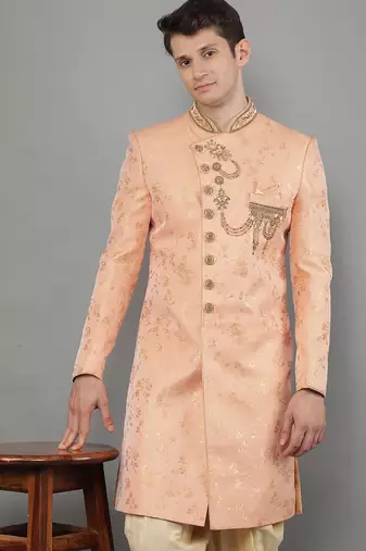 men's floral woven design with embroidered sherwani set
