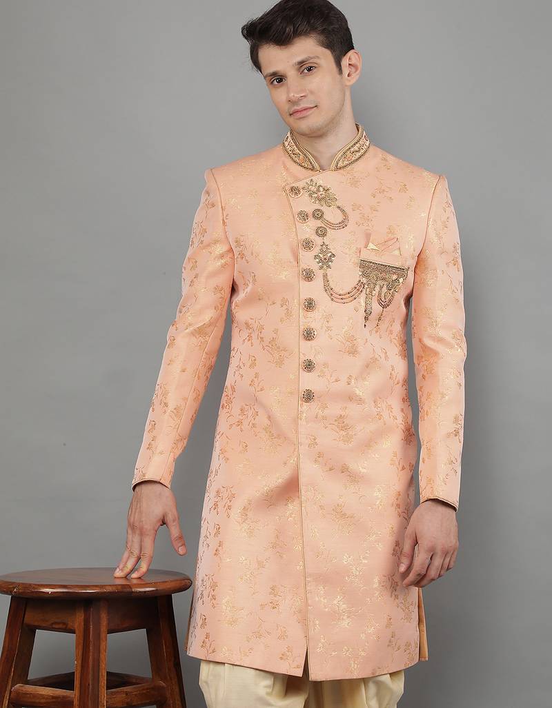men's floral woven design with embroidered sherwani set