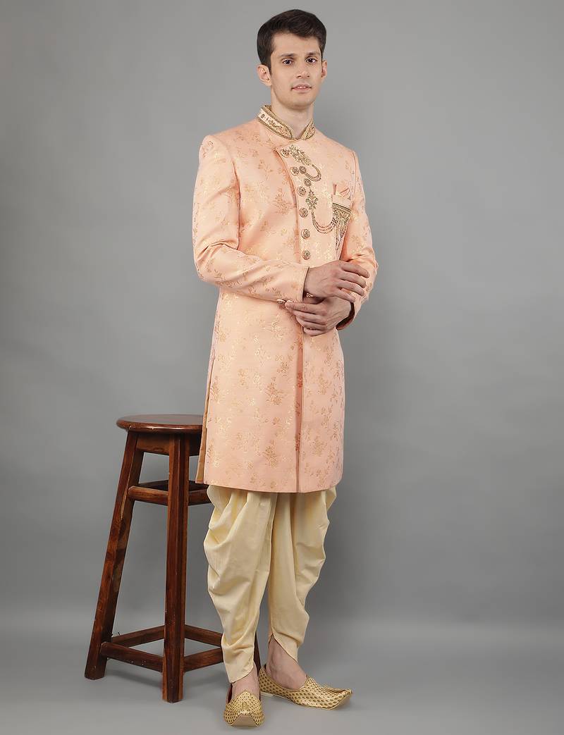 men's floral woven design with embroidered sherwani set