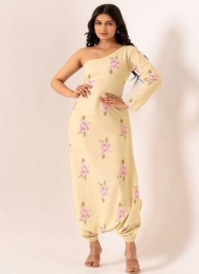 Light green cotton rayon floral printed one shoulder jumpsuit 1