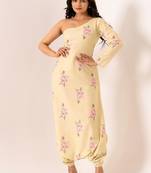 Light green cotton rayon floral printed one shoulder jumpsuit