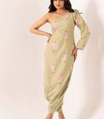 Green cotton rayon floral printed one shoulder jumpsuit