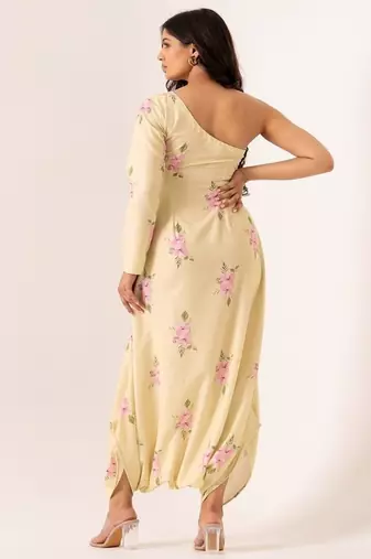 Light green cotton rayon floral printed one shoulder jumpsuit