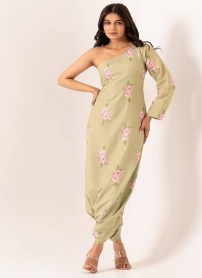 Green cotton rayon floral printed one shoulder jumpsuit 2