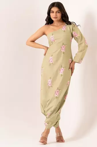 Green cotton rayon floral printed one shoulder jumpsuit
