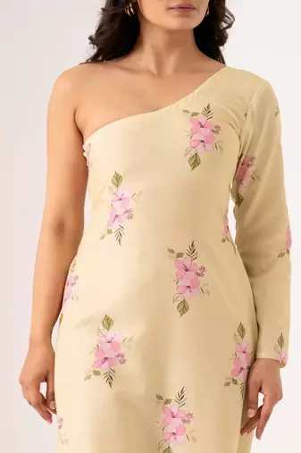 Light green cotton rayon floral printed one shoulder jumpsuit