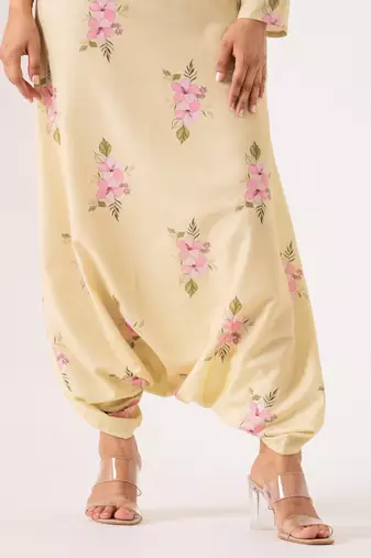 Light green cotton rayon floral printed one shoulder jumpsuit