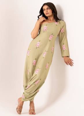 Green cotton rayon floral printed one shoulder jumpsuit 4