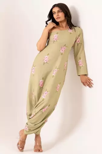 Green cotton rayon floral printed one shoulder jumpsuit