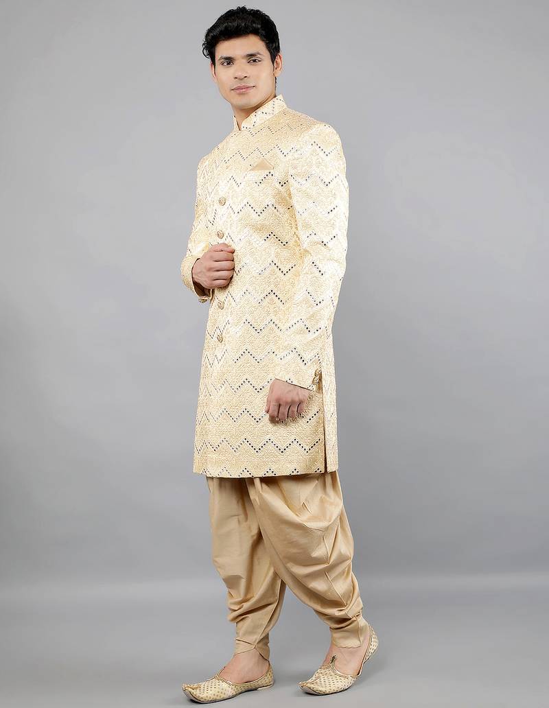 men's thread embroidered with mirror work sherwani set