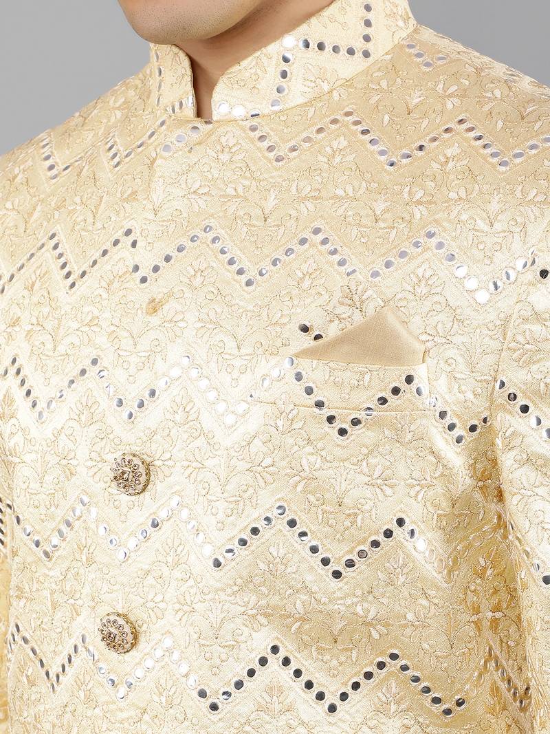 men's thread embroidered with mirror work sherwani set