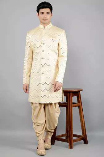 men's thread embroidered with mirror work sherwani set