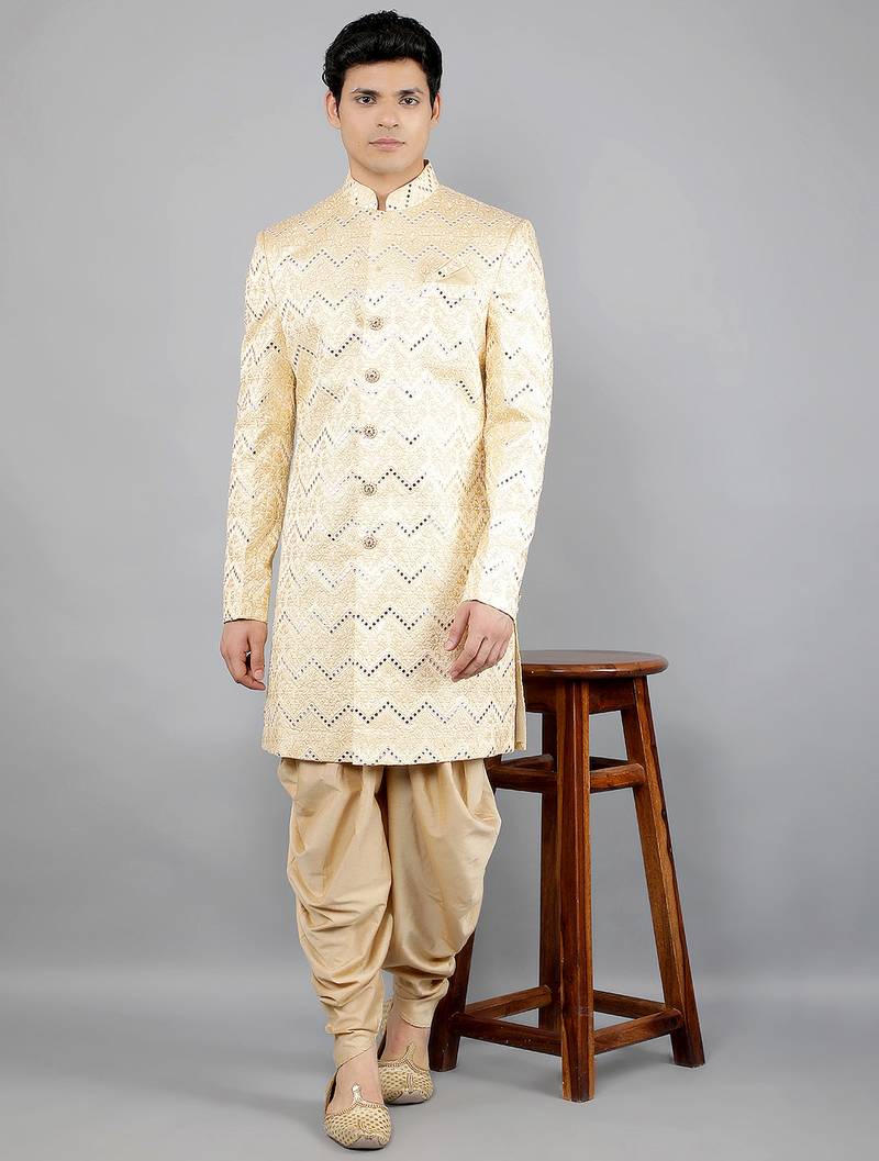 men's thread embroidered with mirror work sherwani set