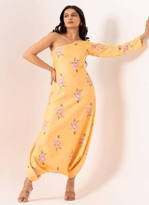 Yellow cotton rayon floral printed one shoulder jumpsuit 1