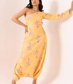 Yellow cotton rayon floral printed one shoulder jumpsuit