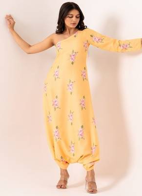 Yellow cotton rayon floral printed one shoulder jumpsuit 2