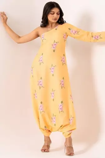 Yellow cotton rayon floral printed one shoulder jumpsuit
