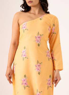 Yellow cotton rayon floral printed one shoulder jumpsuit 3