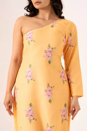 Yellow cotton rayon floral printed one shoulder jumpsuit