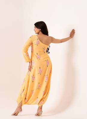 Yellow cotton rayon floral printed one shoulder jumpsuit 4