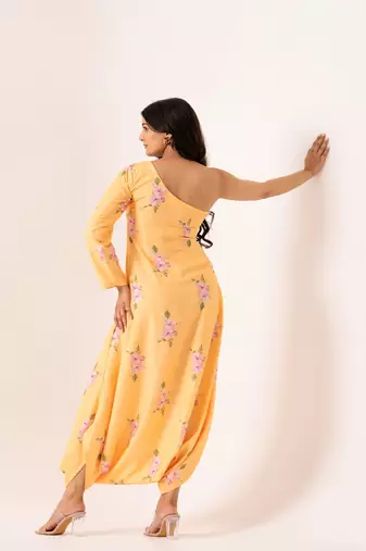 Yellow cotton rayon floral printed one shoulder jumpsuit