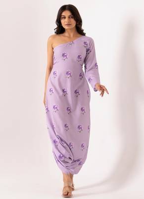 Lilac rayon cotton floral printed one shoulder jumpsuit 1