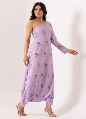 Lilac rayon cotton floral printed one shoulder jumpsuit 2