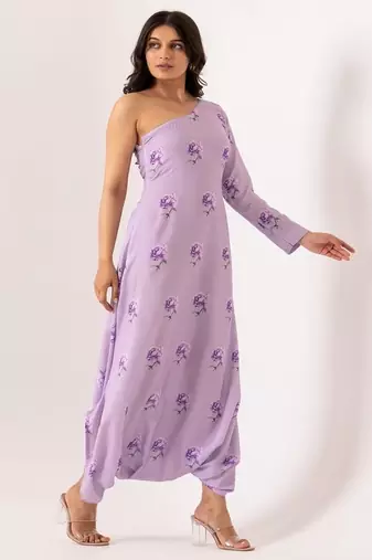 Lilac rayon cotton floral printed one shoulder jumpsuit